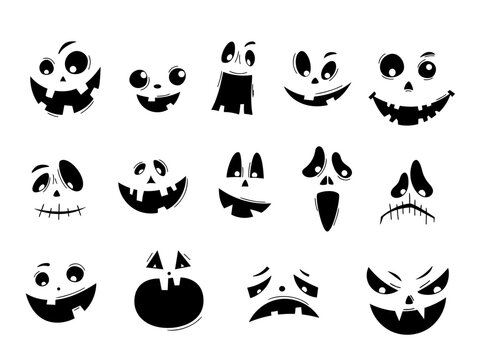 Scary and funny Halloween pumpkin or ghost isolated faces set. Collection carved faces silhouettes. Halloween Masks. Smiling faces. Pumpkin smile. Vector illustration