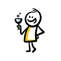 Doodle hand drawn illustration of drunk character with wineglass in his hand.