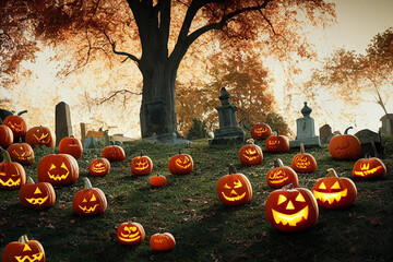 jack-o-lanterns in forest Halloween card