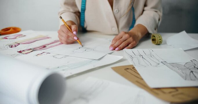 Creative female fashion designer draws sketches drafts. Lifestyle scene in a sewing Studio. High quality 4k footage