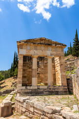 Ruins of the Athenian Treasury in Ancient Delphi, Greece