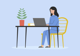 Online Education, Distant Remote Work, Freelance Job, Or Studying Concept. Female Character Woman Typing At The Desk On Laptop. Freelance Work In Coworking. Linear Outline Flat Vector Illustration