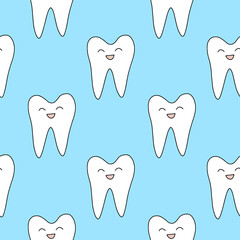 Seamless pattern of smiling tooth. Blue background. Concept for medical cabinet, dentistry advertising. Design print to social media, ad, textile, wallpaper, business card, wrapping paper, poster.