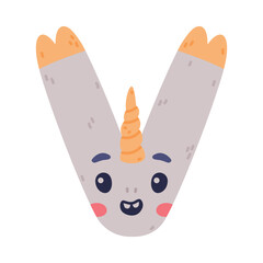 Unicorn Cute Alphabet Letter V with Smiling Face and Twisted Horn Vector Illustration