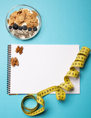 diet list, blue ten diet list, slim down, dietitian list, white paper, breakfast cereal, nuts, fruit, diet breakfast