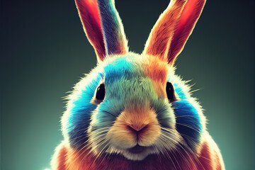 3 D render. Rainbow bright portrait of a rabbit in a cartoon style