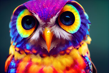 Obraz premium 3 D render. Rainbow bright portrait of an owl in cartoon style