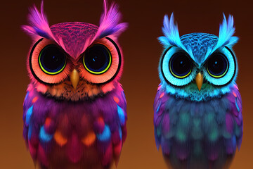 Fototapeta premium 3 D render. Rainbow bright portrait of an owl in cartoon style