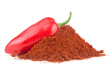 Red jalapeno pepper and ground pepper isolated on a white background