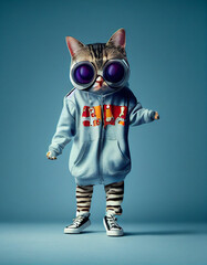 Portrait of a Cute little kitty cat . Posing at a photoshoot in Hiphop clothes with a colored background - obrazy, fototapety, plakaty