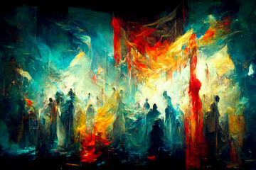 Colorful and magical abstract expressionism painting of gathering.