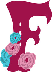 Letter f in latin style decorative alphabet illustration. Spanish slyle decorated by flowers.