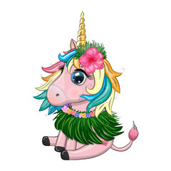 Cute cartoon unicorn dressed as a hula dancer, Hawaii, ready to go character. Summer, sea, palm trees, beach