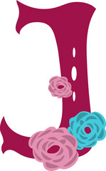 Letter j in latin style decorative alphabet illustration. Spanish slyle decorated by flowers.