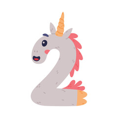 Unicorn Cute Number Two or Numeral with Smiling Face and Twisted Horn Vector Illustration