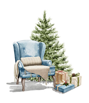 Watercolor Christmas vintage composition with Christmas tree, blue armchair and many box with gifts isolated on white background. Hand drawn illustration sketch