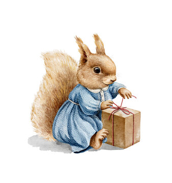 Watercolor Christmas vintage girl squirrel in blue dress clothes sit and holding holiday gift box isolated on white background. Hand drawn illustration sketch