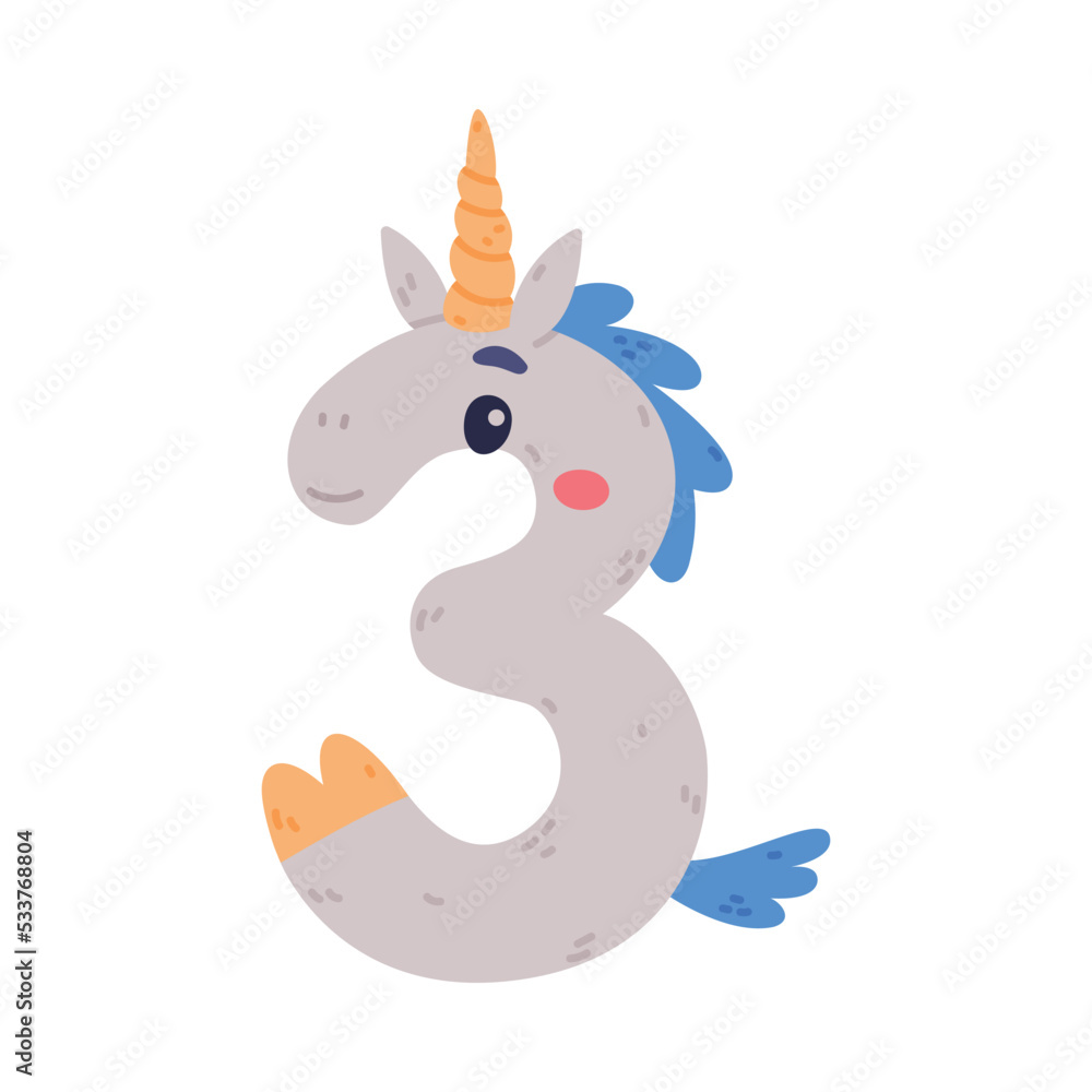 Poster unicorn cute number three or numeral with smiling face and twisted horn vector illustration