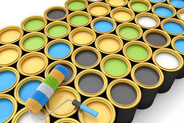 Set of open metal can or buckets of paint in row pattern on white background.