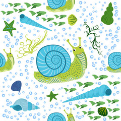 Snail, sea inhabitants seamless pattern, beautiful character among seashells, seaweed, starfish, sea animals of wildlife