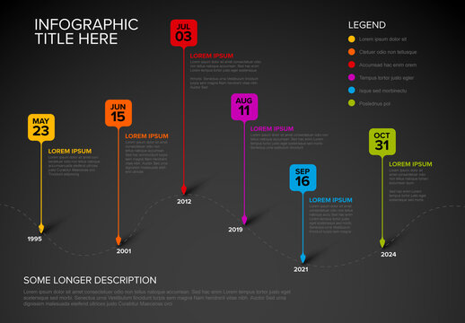 Timeline with Six Square Droplet Pointers Template on Dark Background