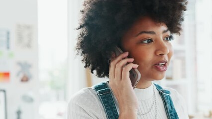 Black woman, phone call and ecommerce logistics in office, creative local startup and e commerce retail company. Smile, happy or networking worker with communication technology for customer shipping