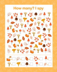 Autumn I spy, How many counting educational game for kids with autumn elements, vector illustration, educational puzzle, printable worksheet for kids, leisure or study game, teachers resources