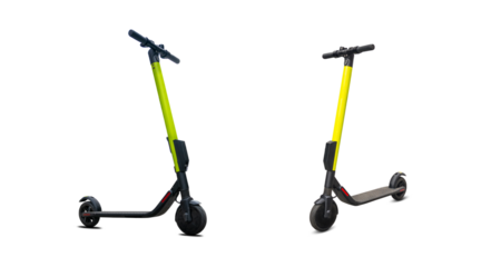 Kick electric city bike, lime urban scooter. Street motorcycle transport for business rider. Ecological transportation concept.