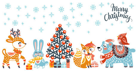 Merry Christmas card cute animals vector illustration