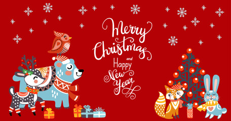Merry Christmas card cute animals vector illustration red