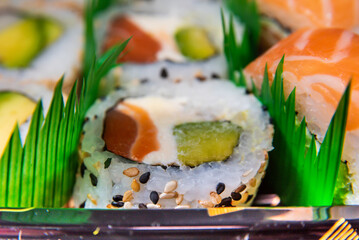 close up of assorted sushi, typical chinese food