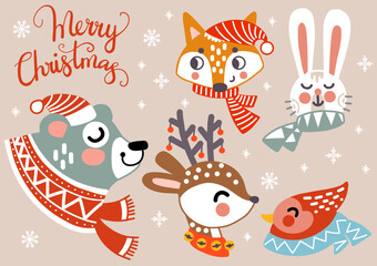 Merry Christmas card with cute animal heads vector illustration