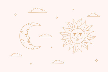 Golden outlined sun and the crescent in the heaven. Celestial esoteric signs.