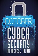Pixelated Padlock Promoting October as the Cyber Security Awareness Month, Vector Illustration