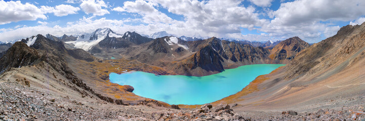 Panoramic landscape with lake and mountains; heart in the mountains, Ala-kul lake from Ala-kul pass...