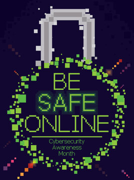 Pixelated Design with Round Padlock for Cybersecurity Awareness Month, Vector Illustration