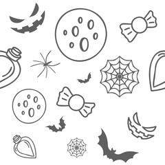 Vector. Happy black and white halloween background. Funny cartoon style. Background with hand drawn contour Halloween elements: full moon, bat, spider, cobweb, candy, bubble, anthropomorphic face.