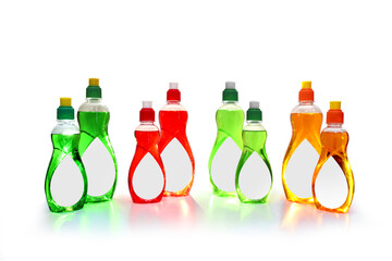 Colorful Transparent Plastic mockup bottles with a blank label in a isolated white background. These bottles are using for Liquid soap, liquid Dish wash, Liquid Car wash, Liquid detergent etc.