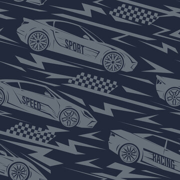 Abstract seamless grunge pattern for boy. Urban style modern background with sport car. Drive and speed modern creative wallpaper for guys. Extreme style