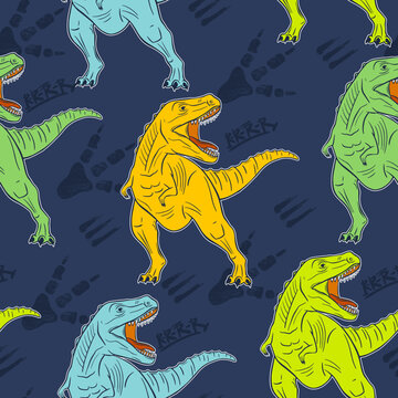 Grunge seamless pattern with cool dinosaur and graffiti words on blue background. Print for boys