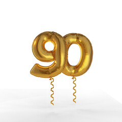 Separate figure ninety in the form of a foil balloon. Template for creating a greeting card for the celebration. 3d rendering.