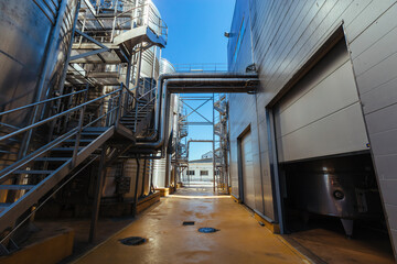 Modern winery production line. Large tanks for fermentation