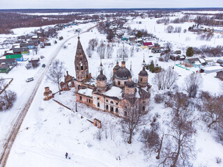 abandoned Orthodox church from above, top view of abandoned church