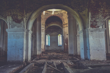interior interior of an abandoned red brick building, abandoned church