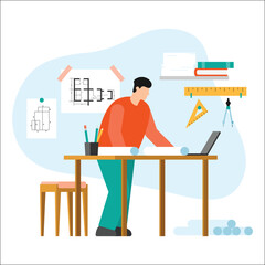 Vector illustration of an architect. Cartoon scene with architecture thinking about the design of the apartment draws up drawings on white background.