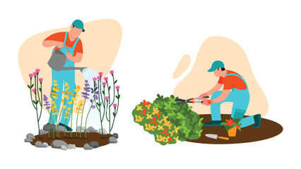 Vector illustration of gardeners. Cartoon scene with gardeners who water flowers, plant and trim bushes on white background.