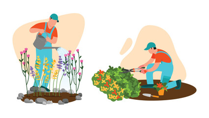 Fototapeta premium Vector illustration of gardeners. Cartoon scene with gardeners who water flowers, plant and trim bushes on white background.