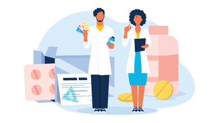 Vector illustration of pharmacists. Cartoon scene with doctors that prescribe treatment with pills and syrups on white background.