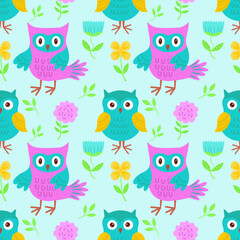 Vector seamless pattern with bright owls. Vector illustration with owls for children. It is used for printing on children's fabrics, packaging, wallpaper, textiles, design.