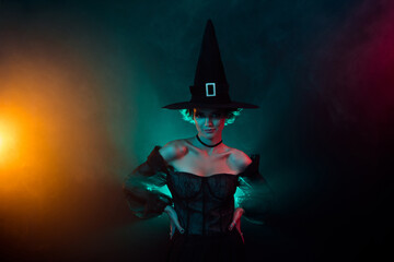 Photo of wicked lady warlock enjoying midnight full moon nightmare event isolated on mystical background